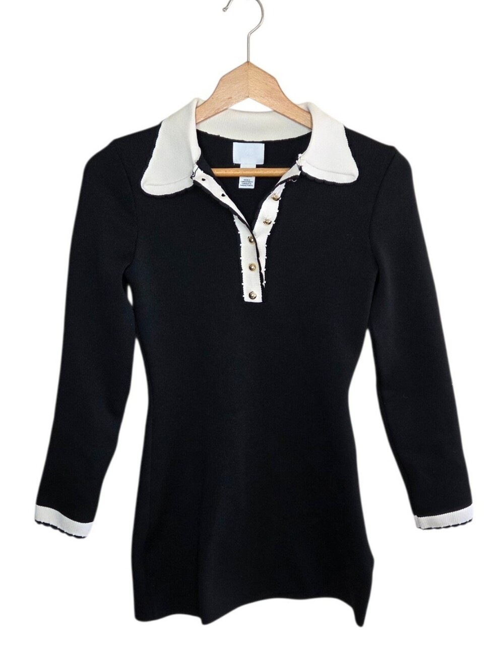 H&M Black Cream Collared Knit Fitted Bodycon Mini Dress Size Small French Girl